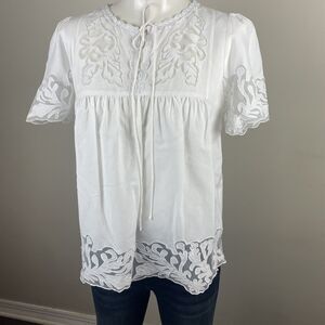Nordstrom Signature Women’s Size XS White Boho Silk Blend Embroidered Blouse